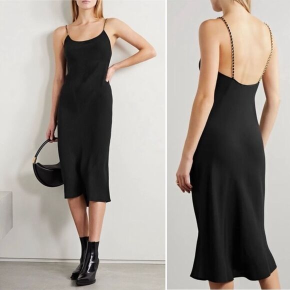 ANINE BING Chelsea Chain Strap Black Midi Dress Size Large Slip Shift Crepe - Picture 11 of 14